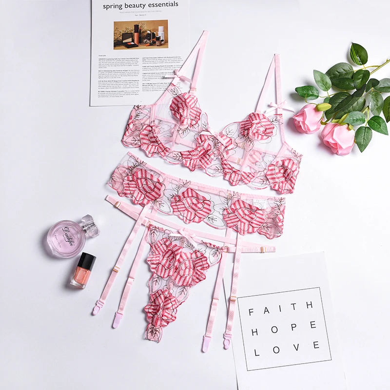 New Sexy Floral Embroidery Lingerie Panties 3PCS Set Erotic Lingerie Bra Underwear Set Transparent Lace Sensual