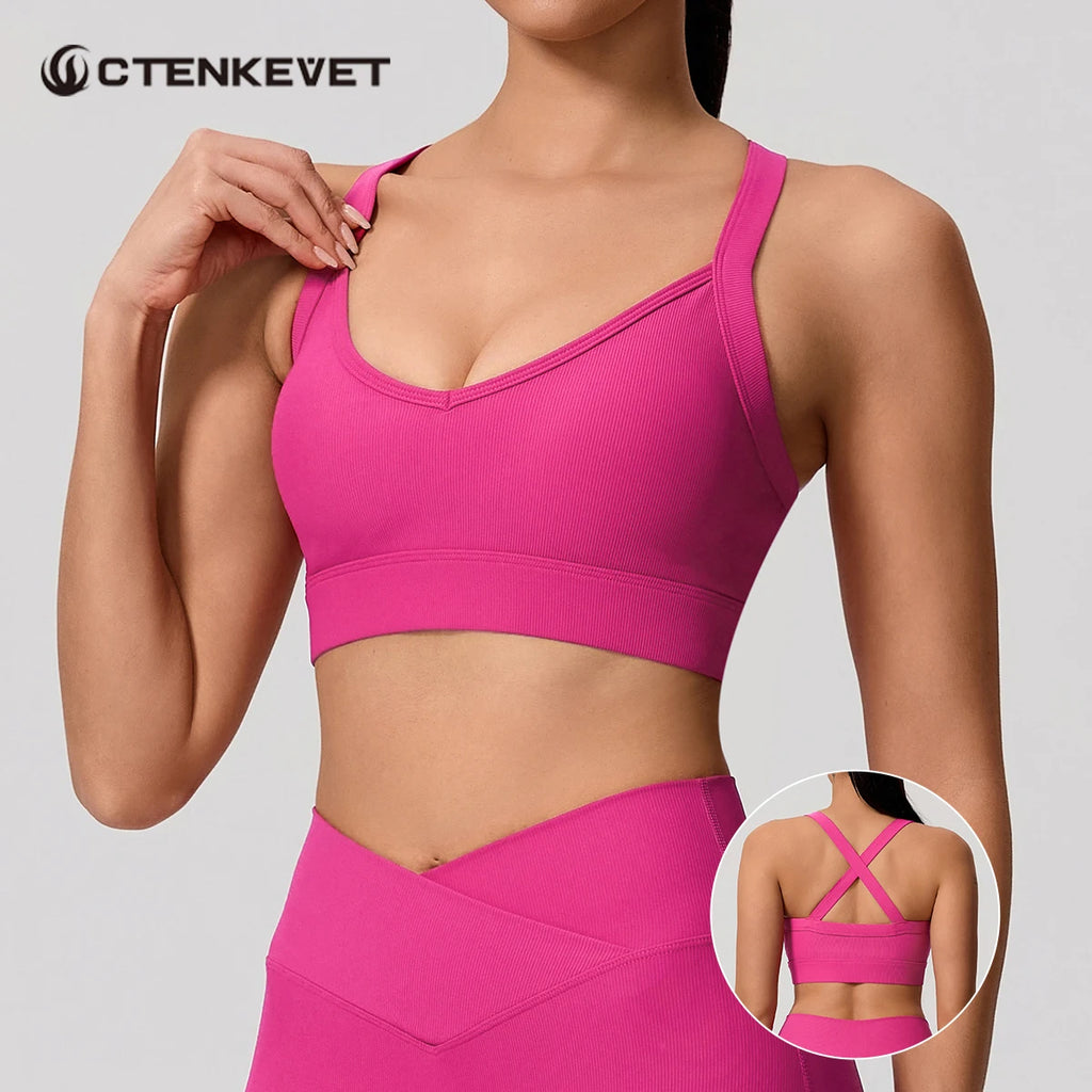 Ctenkevet Ribbed Sports Bra Women's Push up Yoga Top Running Gym Workout Brassiere - Women's Back Cross Sport Underwear