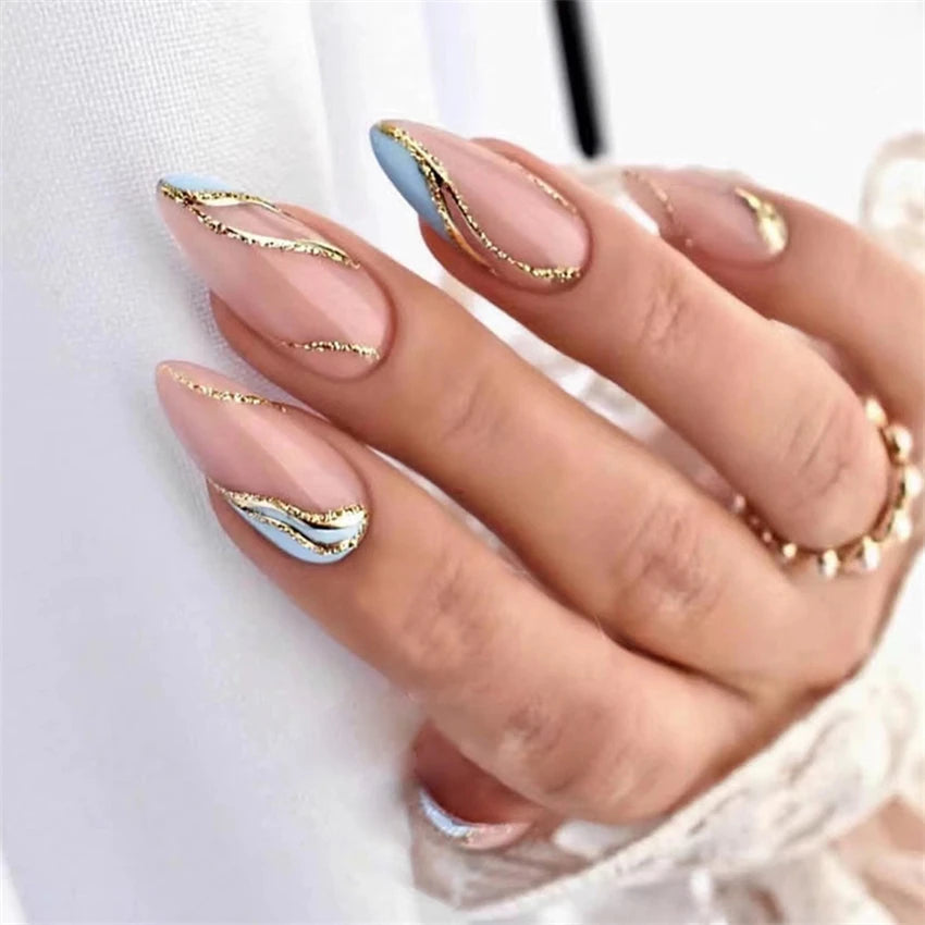24P/Set Medium-length Almond Press on Nails Wearable False Nails Simple Green Leaves Dark Green Temperament Sweet Cool Nails Art