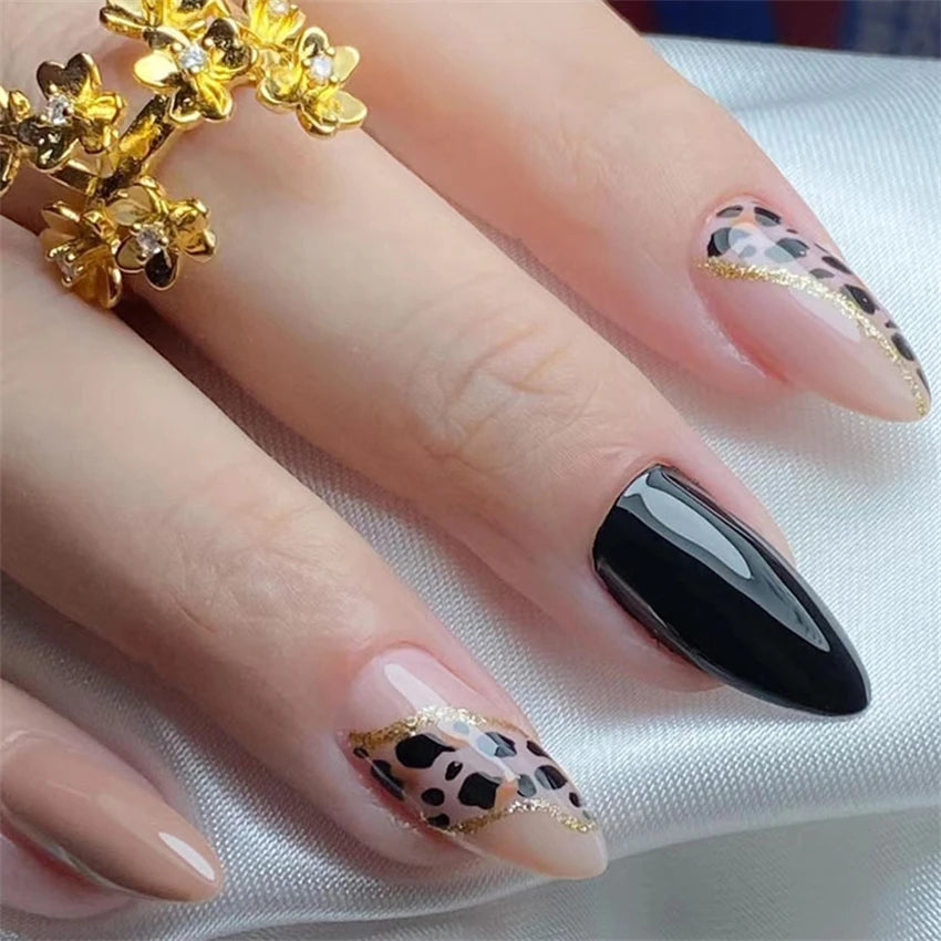 24P/Set Medium-length Almond Press on Nails Wearable False Nails Simple Green Leaves Dark Green Temperament Sweet Cool Nails Art