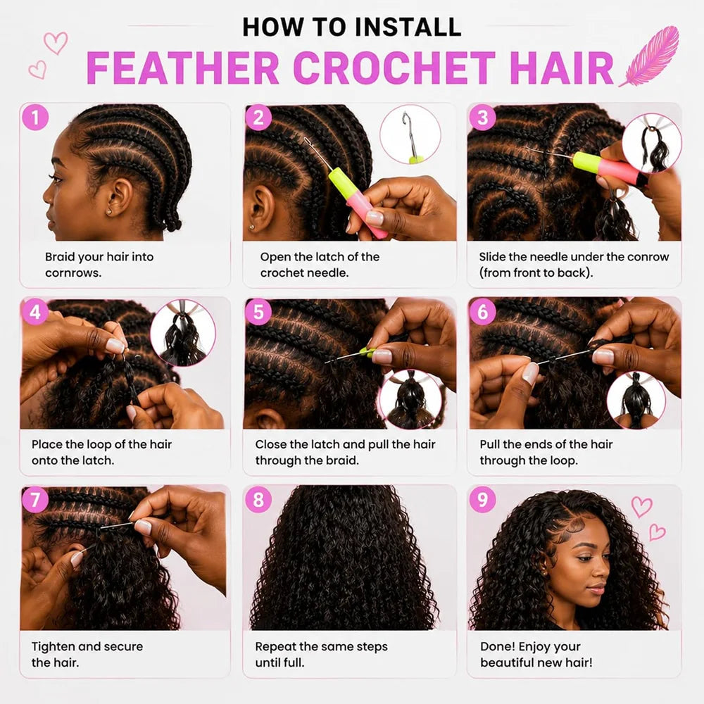 Deep Wave Feather Crochet Braid Natural Black Human Hair Extensions Deep Wave Feather Human Crochet Hair For Women Pre-Separated & Pre-Fluffed Feather Crochet 100% Human Hair Extensions Soft Natural Look Lightweight & Tangle-Free