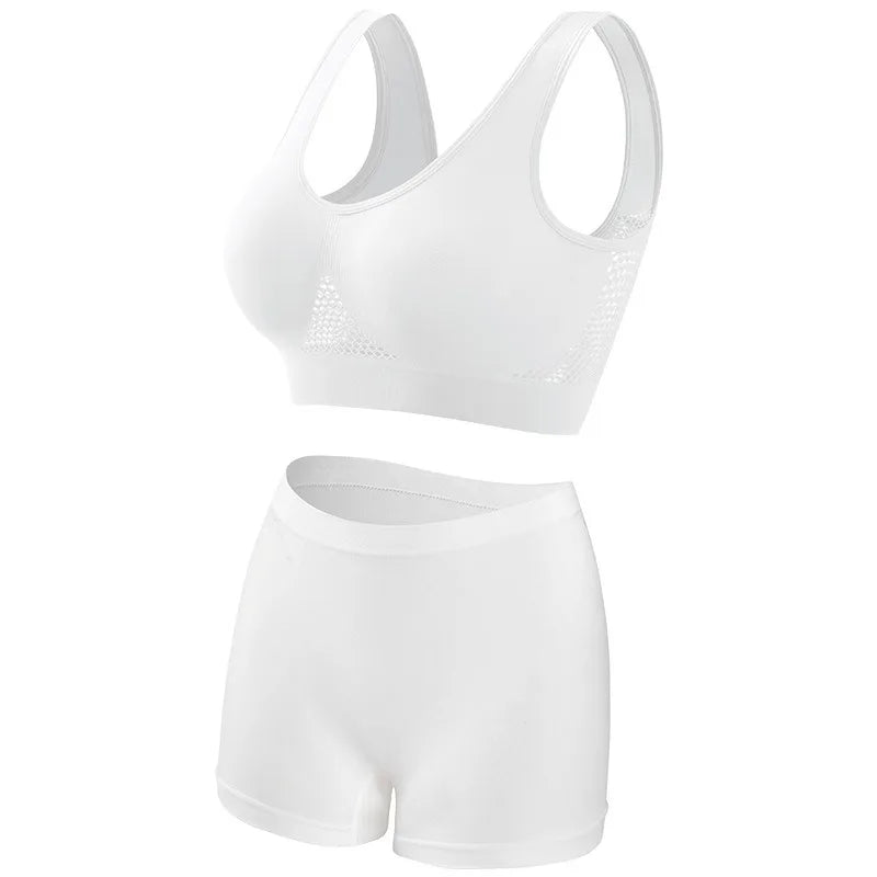 Women's Mesh Breathable Wireless Sports Bra Set Push Up Yoga Bra High Waist Shorts Seamless Workout Lingerie for Gym Running