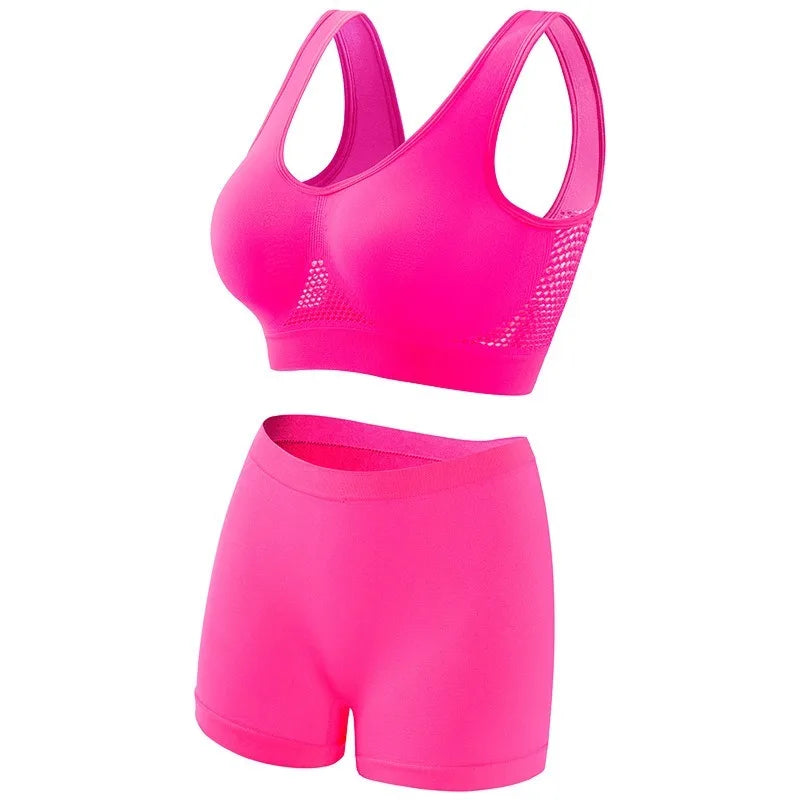 Women's Mesh Breathable Wireless Sports Bra Set Push Up Yoga Bra High Waist Shorts Seamless Workout Lingerie for Gym Running