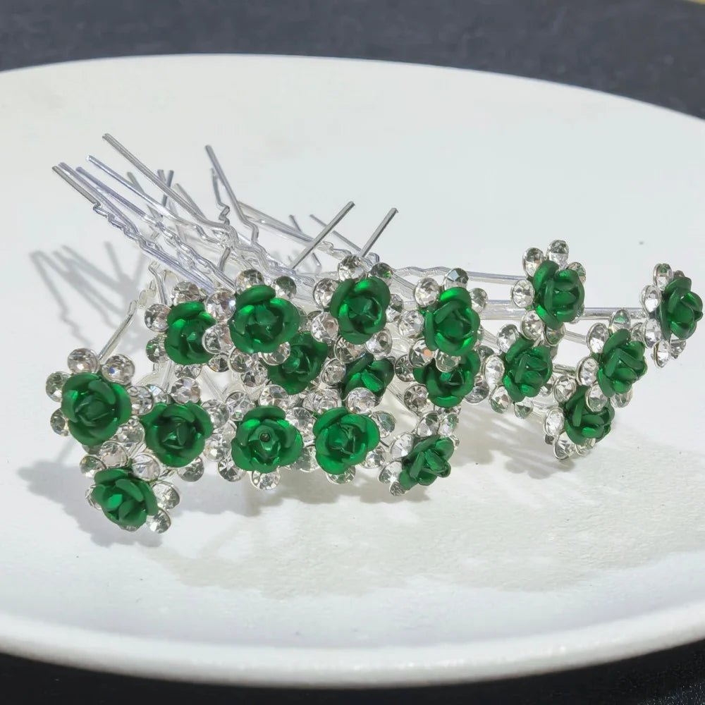 20PCS Rose Flower Rhinestone Hairpins Crystal Hair Clip Pins for Bridal Wedding Party Daily Wear Women Hair Accessories