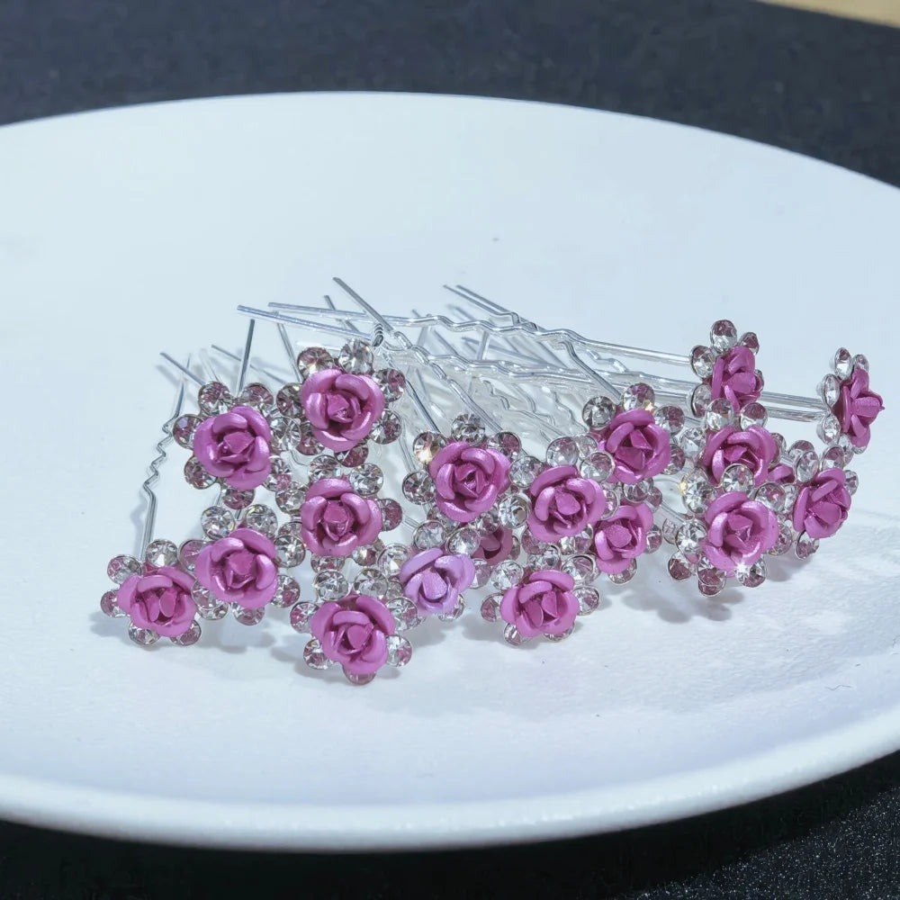 20PCS Rose Flower Rhinestone Hairpins Crystal Hair Clip Pins for Bridal Wedding Party Daily Wear Women Hair Accessories