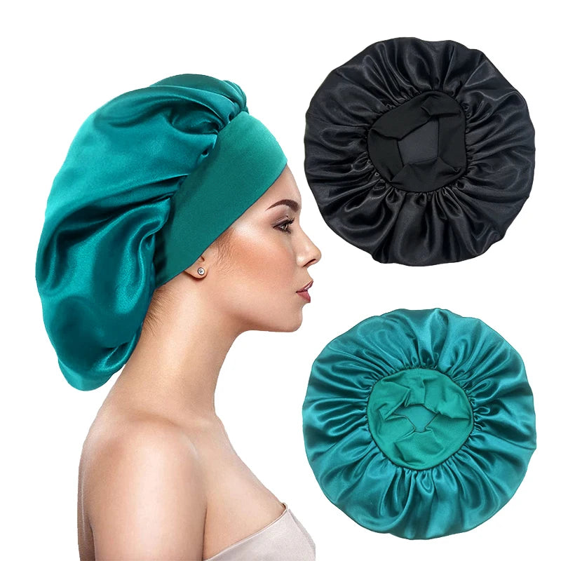 2PCS/LOT Women's Satin Solid Bonnets Head Cover Elastic Band Cap Wide-brimmed Night Sleeping Bathing Hat Hair Care Bonnet