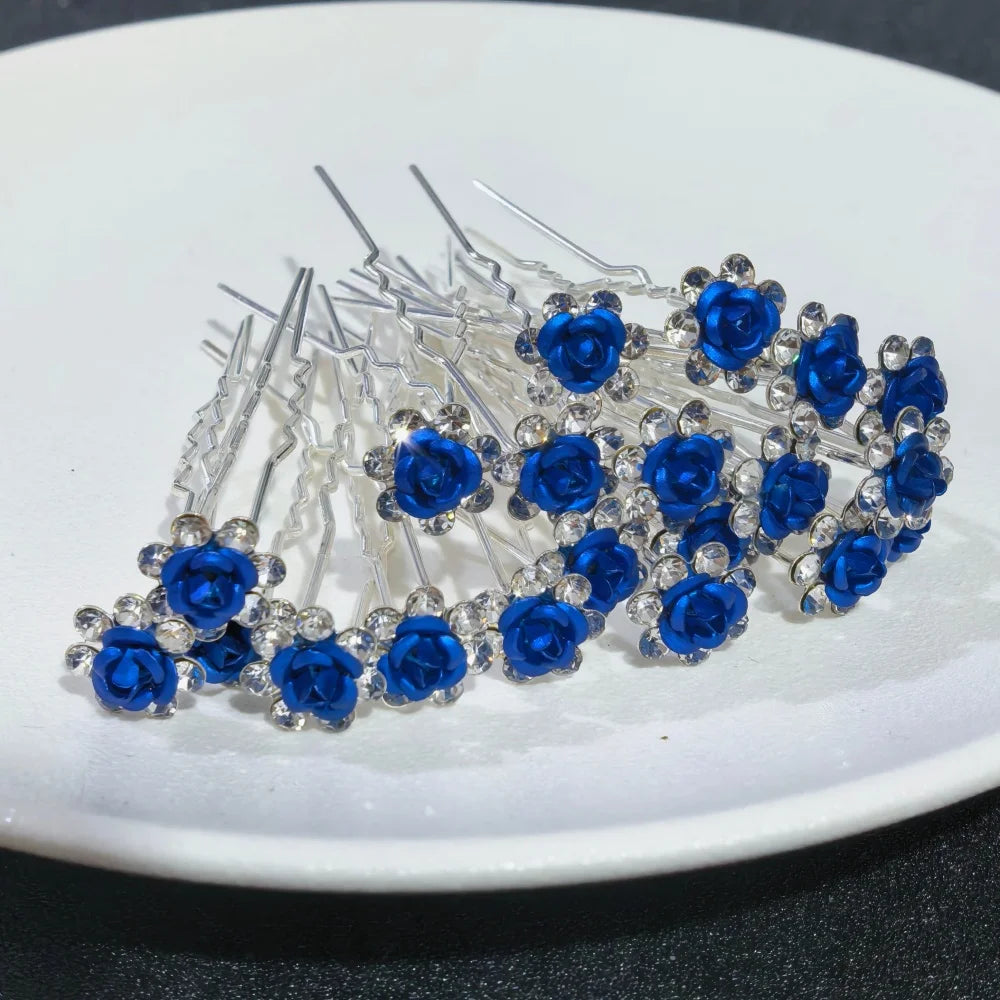 20PCS Rose Flower Rhinestone Hairpins Crystal Hair Clip Pins for Bridal Wedding Party Daily Wear Women Hair Accessories