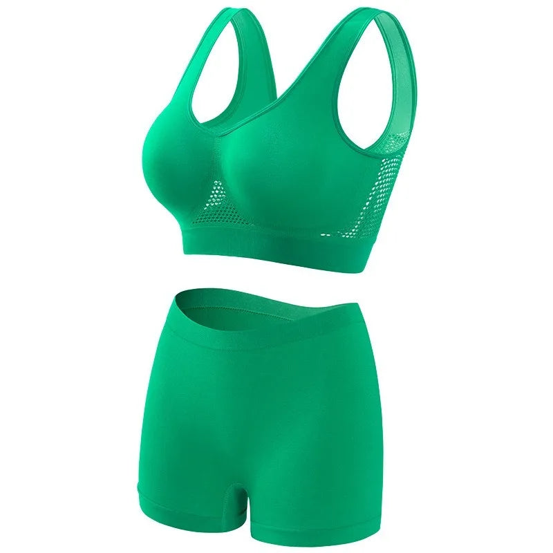 Women's Mesh Breathable Wireless Sports Bra Set Push Up Yoga Bra High Waist Shorts Seamless Workout Lingerie for Gym Running