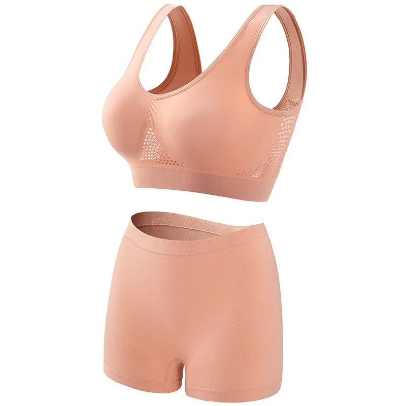 Women's Mesh Breathable Wireless Sports Bra Set Push Up Yoga Bra High Waist Shorts Seamless Workout Lingerie for Gym Running