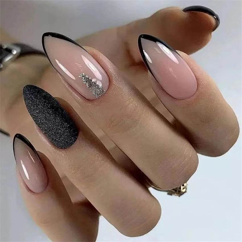 24P/Set Medium-length Almond Press on Nails Wearable False Nails Simple Green Leaves Dark Green Temperament Sweet Cool Nails Art