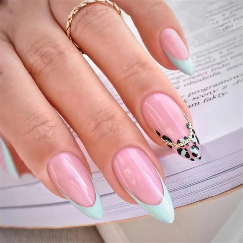 24P/Set Medium-length Almond Press on Nails Wearable False Nails Simple Green Leaves Dark Green Temperament Sweet Cool Nails Art