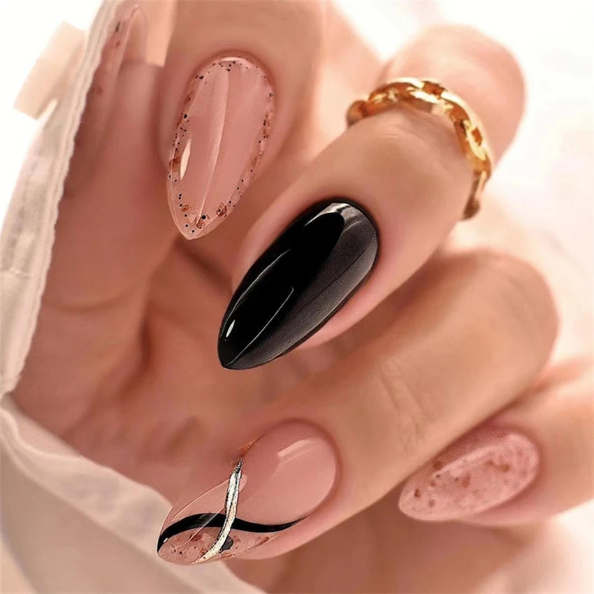 24P/Set Medium-length Almond Press on Nails Wearable False Nails Simple Green Leaves Dark Green Temperament Sweet Cool Nails Art