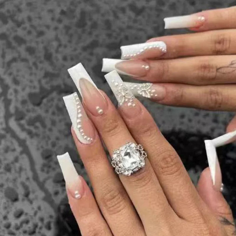 24pcs Long Ballet False Nails Pink Purple Flower Rhinestone Full Cover Nail Tips Wearable French Square Press on Fake Nails Sets