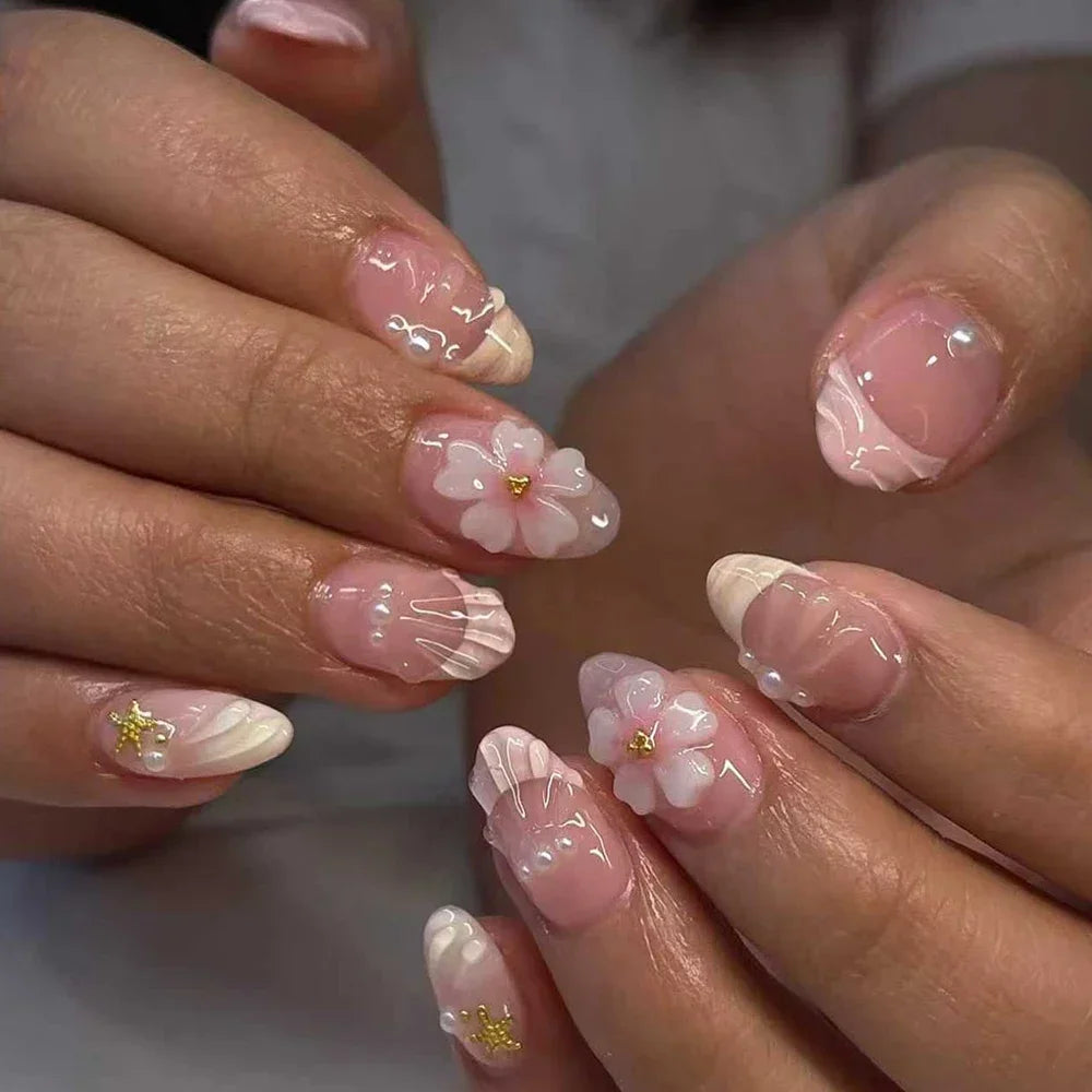 Short Oval 3D Pearl Shell French False Press On Nails 24Pcs Self Adhesive Reusable Acrylic Nails Women Daily Nail Art Accessory