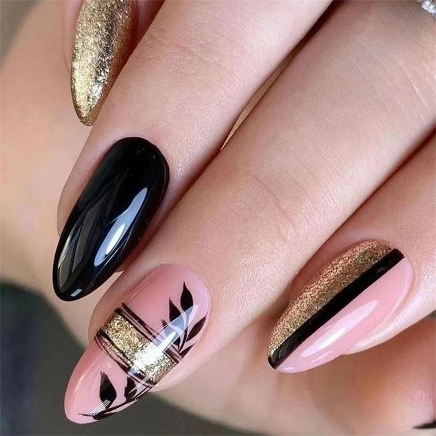 24P/Set Medium-length Almond Press on Nails Wearable False Nails Simple Green Leaves Dark Green Temperament Sweet Cool Nails Art