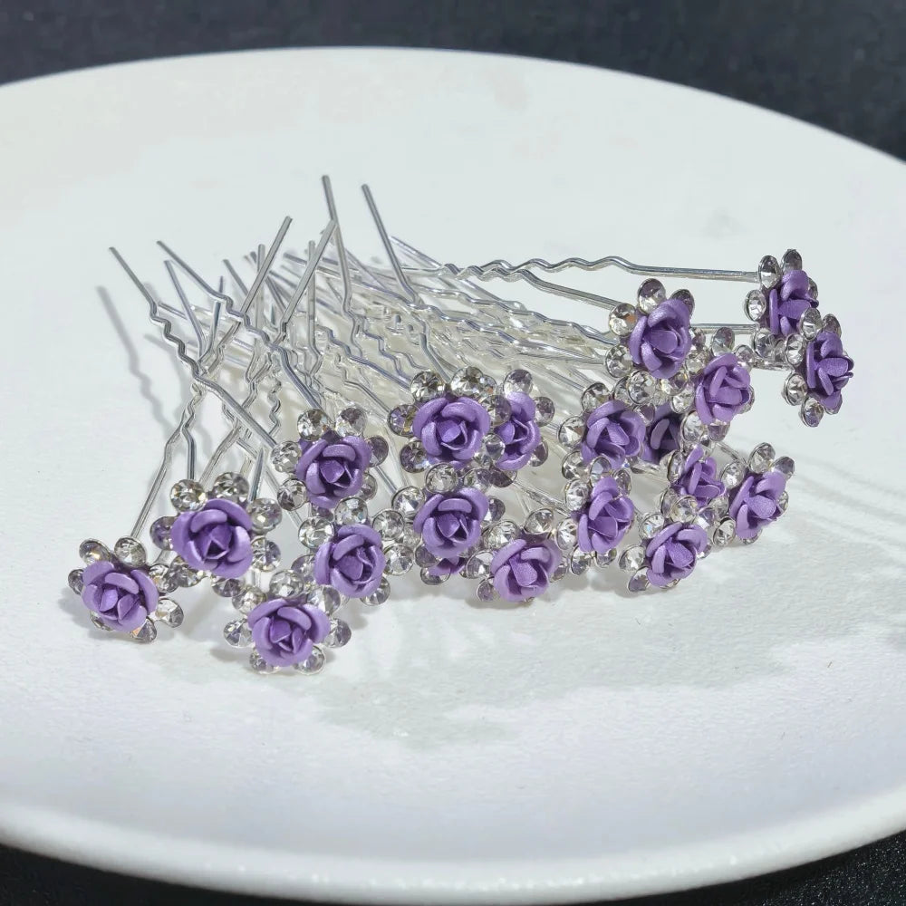 20PCS Rose Flower Rhinestone Hairpins Crystal Hair Clip Pins for Bridal Wedding Party Daily Wear Women Hair Accessories