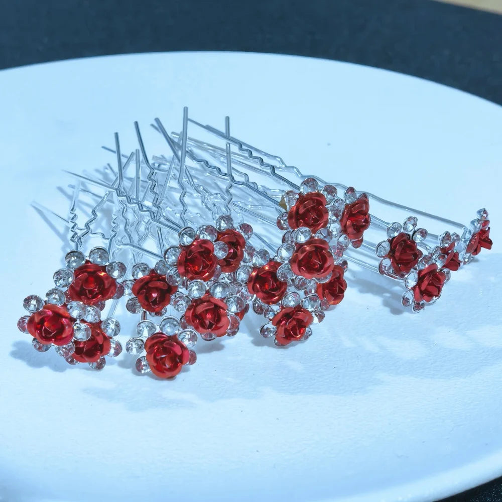 20PCS Rose Flower Rhinestone Hairpins Crystal Hair Clip Pins for Bridal Wedding Party Daily Wear Women Hair Accessories