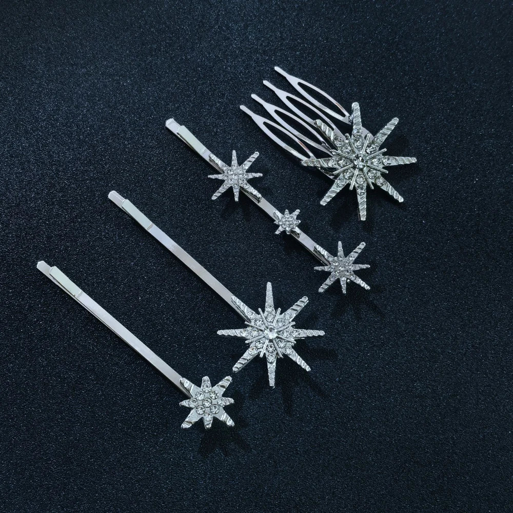 3/4 Pcs Set Crystal Star Hairpins for Women Girls Metal Hair Clip Pins Luxury Female Hair Pins Wedding Bridal Hair Accessories