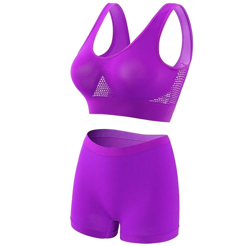 Women's Mesh Breathable Wireless Sports Bra Set Push Up Yoga Bra High Waist Shorts Seamless Workout Lingerie for Gym Running