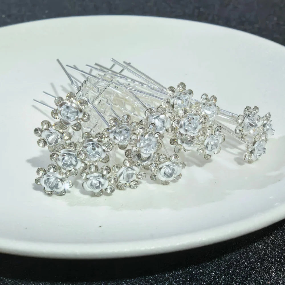 20PCS Rose Flower Rhinestone Hairpins Crystal Hair Clip Pins for Bridal Wedding Party Daily Wear Women Hair Accessories