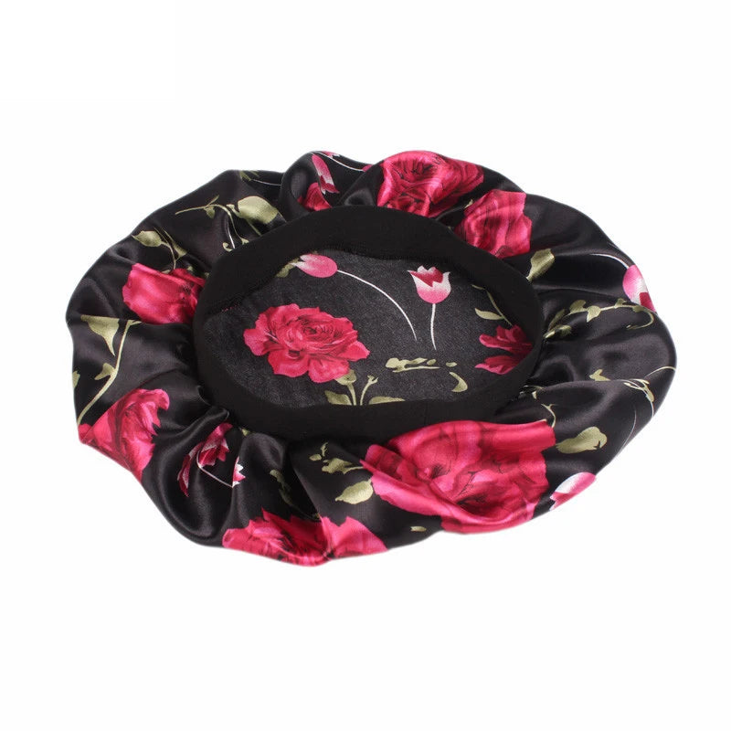 Women Satin Bonnet Elastic Wide Band Floral Printing Night Sleep Hat Hair Loss Head Wrap Chemo Hair Care Shower Makeup Cap