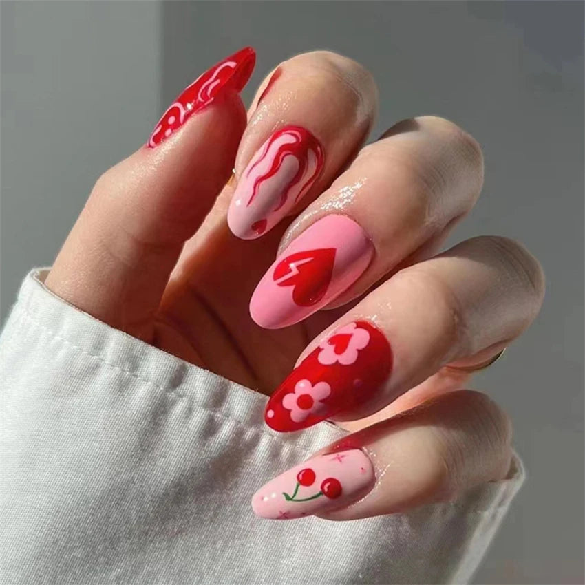 24P/Set Medium-length Almond Press on Nails Wearable False Nails Simple Green Leaves Dark Green Temperament Sweet Cool Nails Art