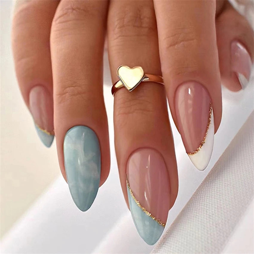 24P/Set Medium-length Almond Press on Nails Wearable False Nails Simple Green Leaves Dark Green Temperament Sweet Cool Nails Art