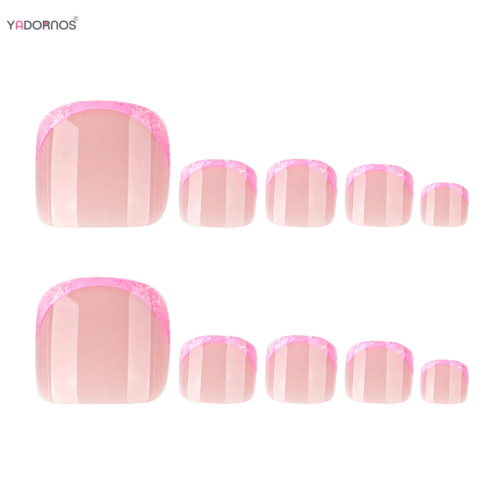 Pink French Tips Fake Toenails 24Pcs Nude Color Press On Toe Nails Shiny Sequins Designs Summer Barefoot False Nails Patches