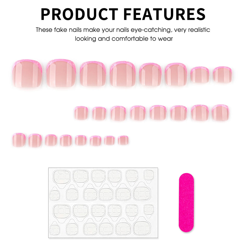 Pink French Tips Fake Toenails 24Pcs Nude Color Press On Toe Nails Shiny Sequins Designs Summer Barefoot False Nails Patches