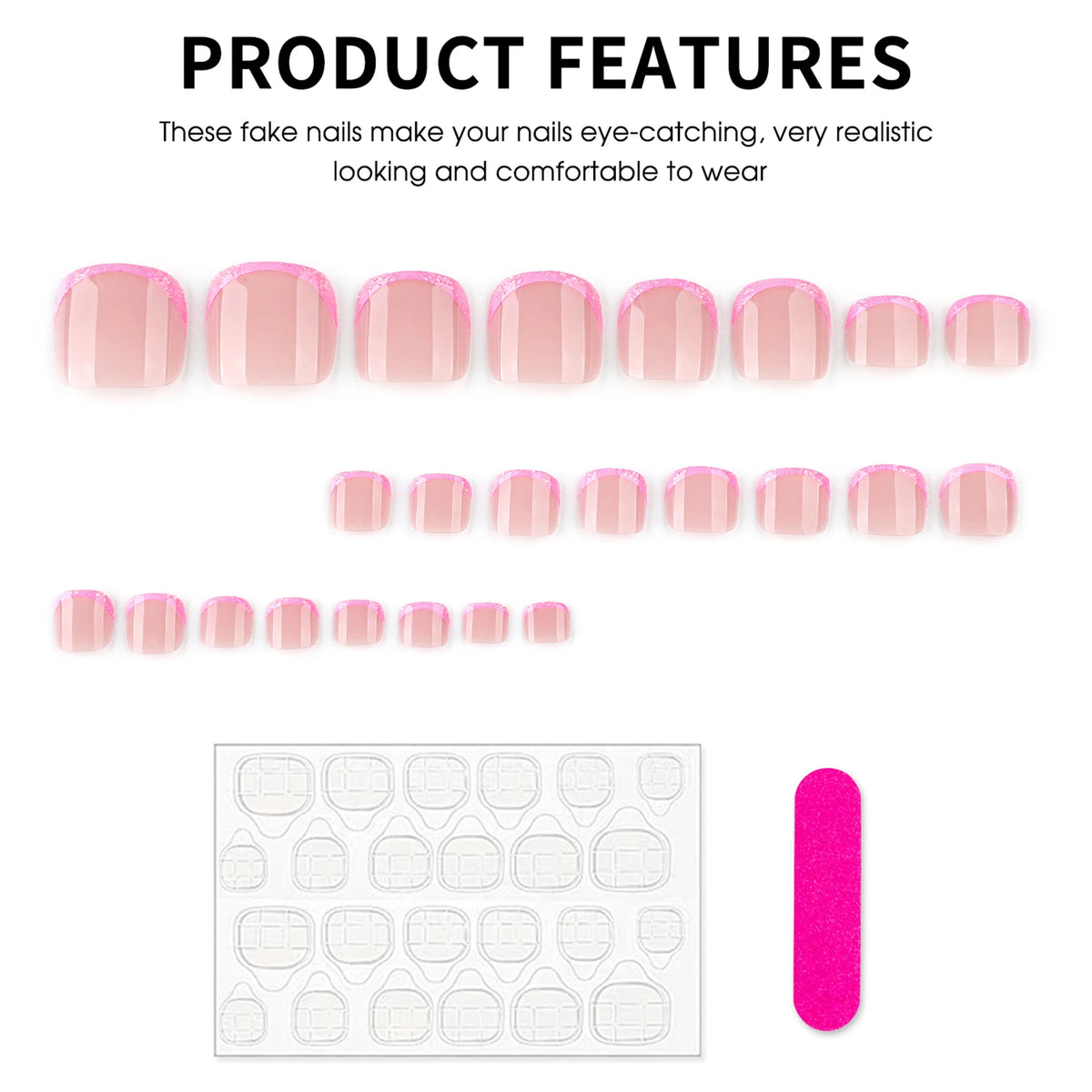Pink French Tips Fake Toenails 24Pcs Nude Color Press On Toe Nails Shiny Sequins Designs Summer Barefoot False Nails Patches