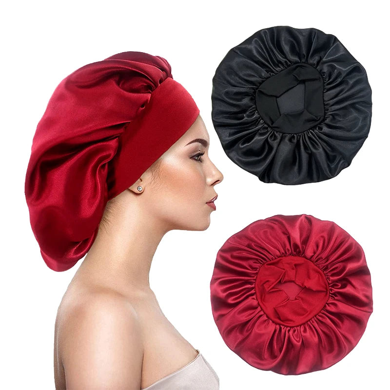 2PCS/LOT Women's Satin Solid Bonnets Head Cover Elastic Band Cap Wide-brimmed Night Sleeping Bathing Hat Hair Care Bonnet