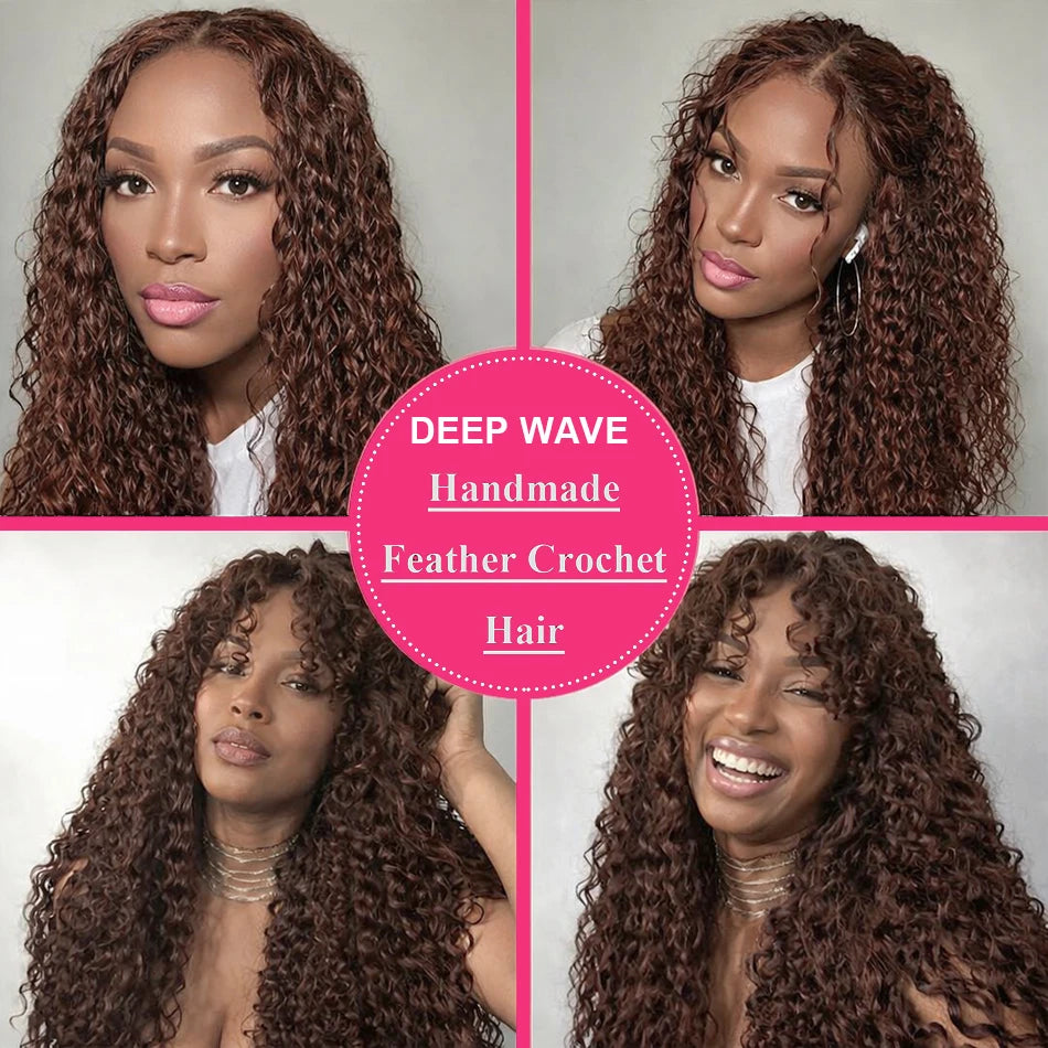 12A Premium #4 Brown Kinky Curly Crochet Human Hair Extensions Miracle Knots Knotless Pre Separated Feather Crochet Hair Soft Natural Curl Texture Easy Install Reusable Human Braiding Hair For Protective Styles For Women