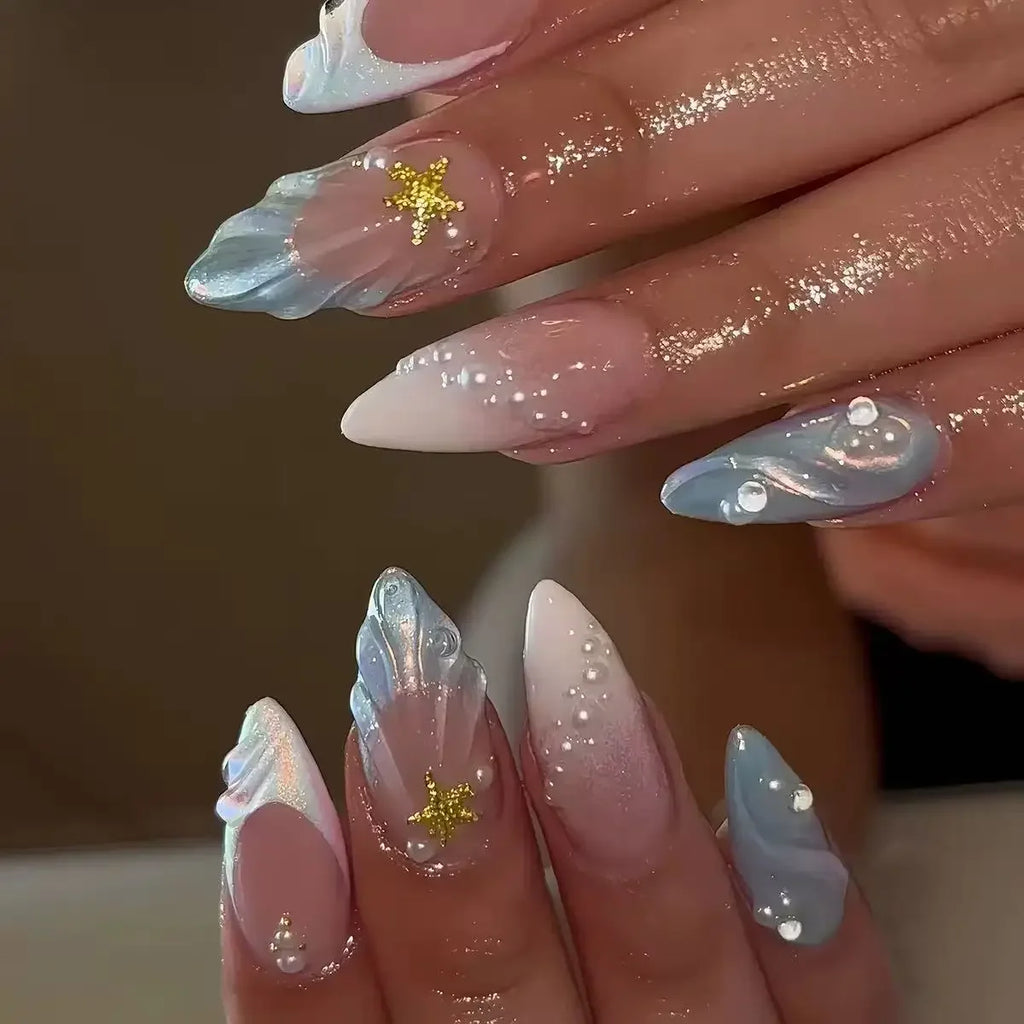 Short Oval 3D Pearl Shell French False Press On Nails 24Pcs Self Adhesive Reusable Acrylic Nails Women Daily Nail Art Accessory