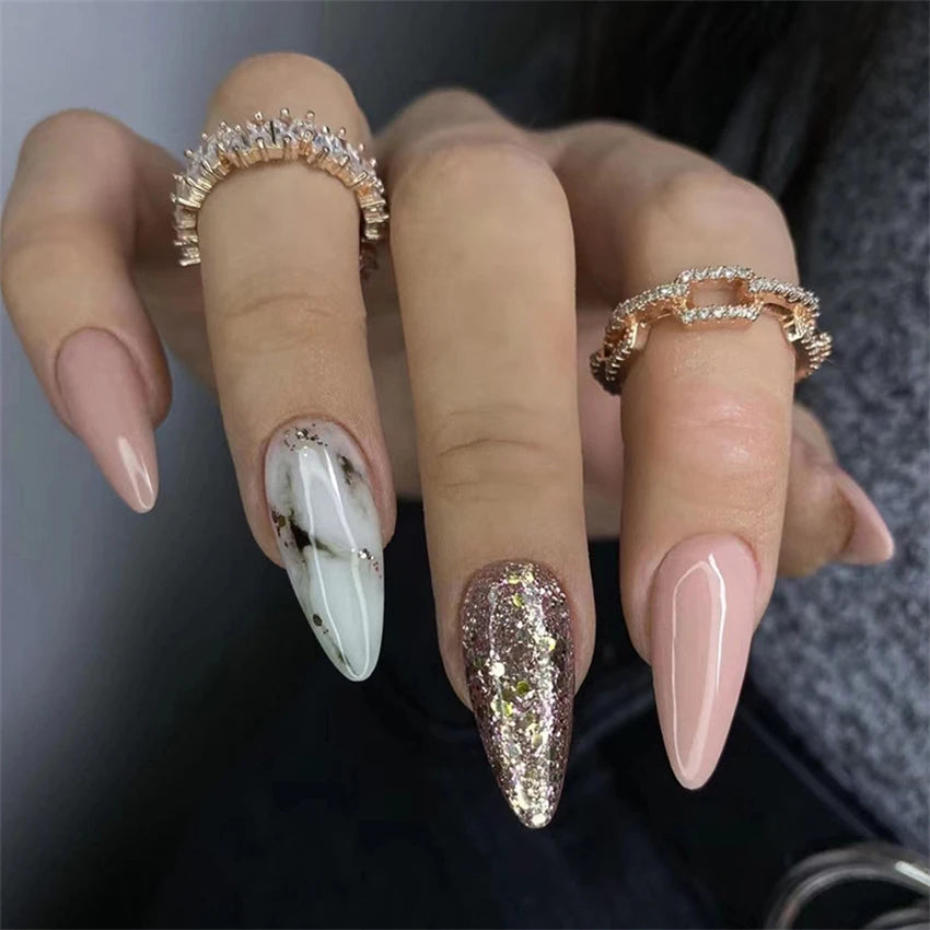 24P/Set Medium-length Almond Press on Nails Wearable False Nails Simple Green Leaves Dark Green Temperament Sweet Cool Nails Art