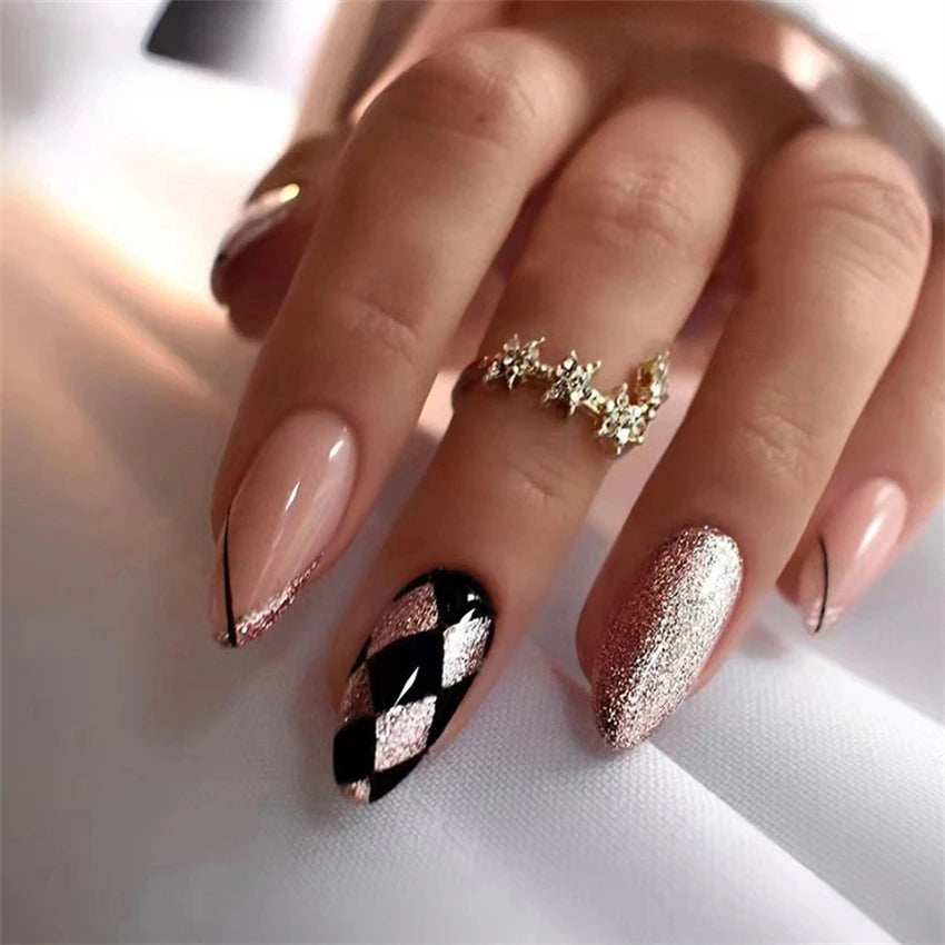 24P/Set Medium-length Almond Press on Nails Wearable False Nails Simple Green Leaves Dark Green Temperament Sweet Cool Nails Art