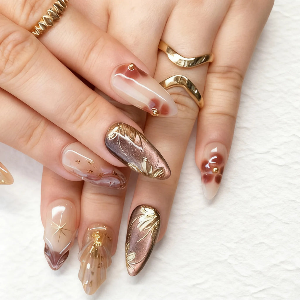 24pcs Flower False Nails Brown Leopard Print Press on Nails Tip Gilded Design Short Almond Fake Nail Set French Full Cover Nail