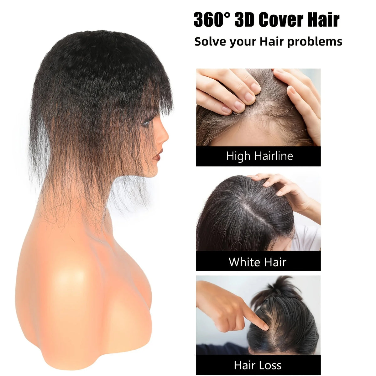 Kinky Straight Topper Hair with Bangs Hair Piece Invisible Clips In wig pieces Women Toupee Extensions,T-Shaped Intranet Design
