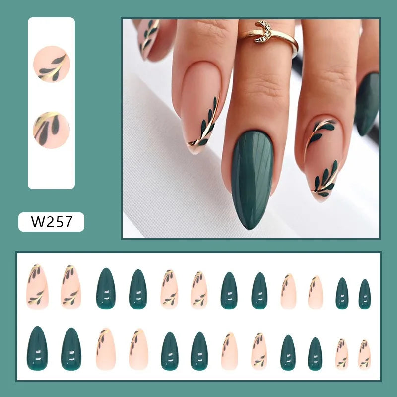 24P/Set Medium-length Almond Press on Nails Wearable False Nails Simple Green Leaves Dark Green Temperament Sweet Cool Nails Art