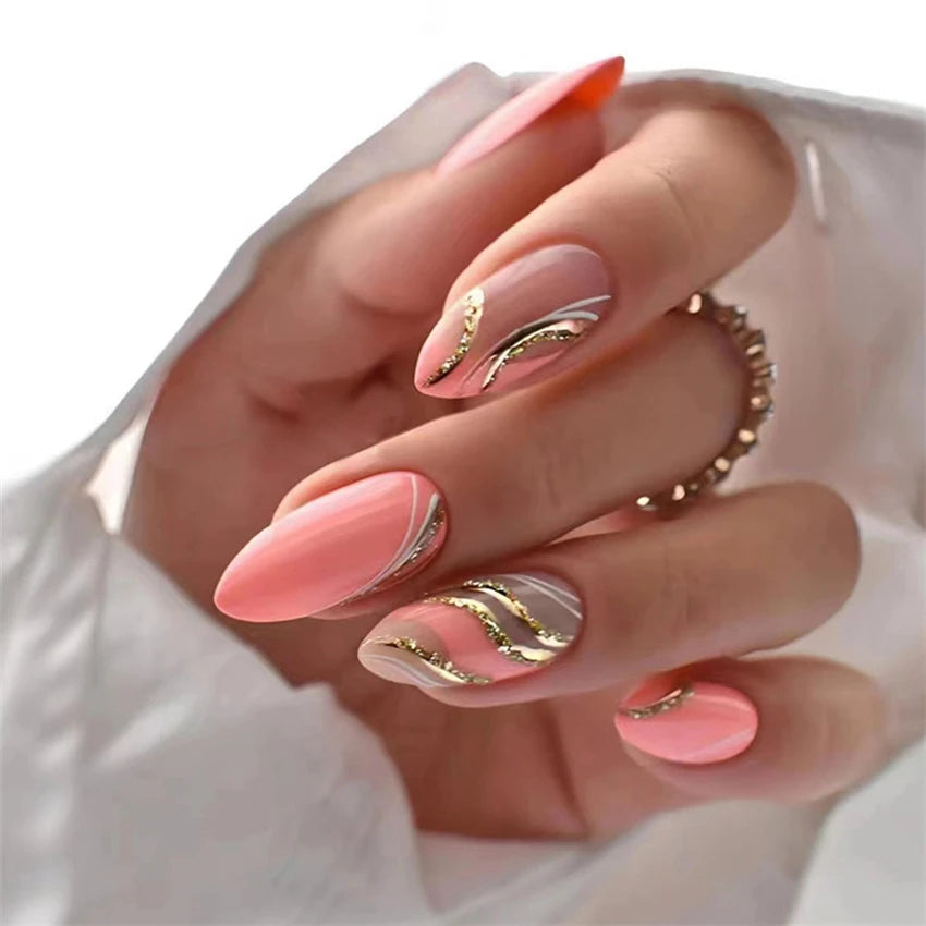 24P/Set Medium-length Almond Press on Nails Wearable False Nails Simple Green Leaves Dark Green Temperament Sweet Cool Nails Art