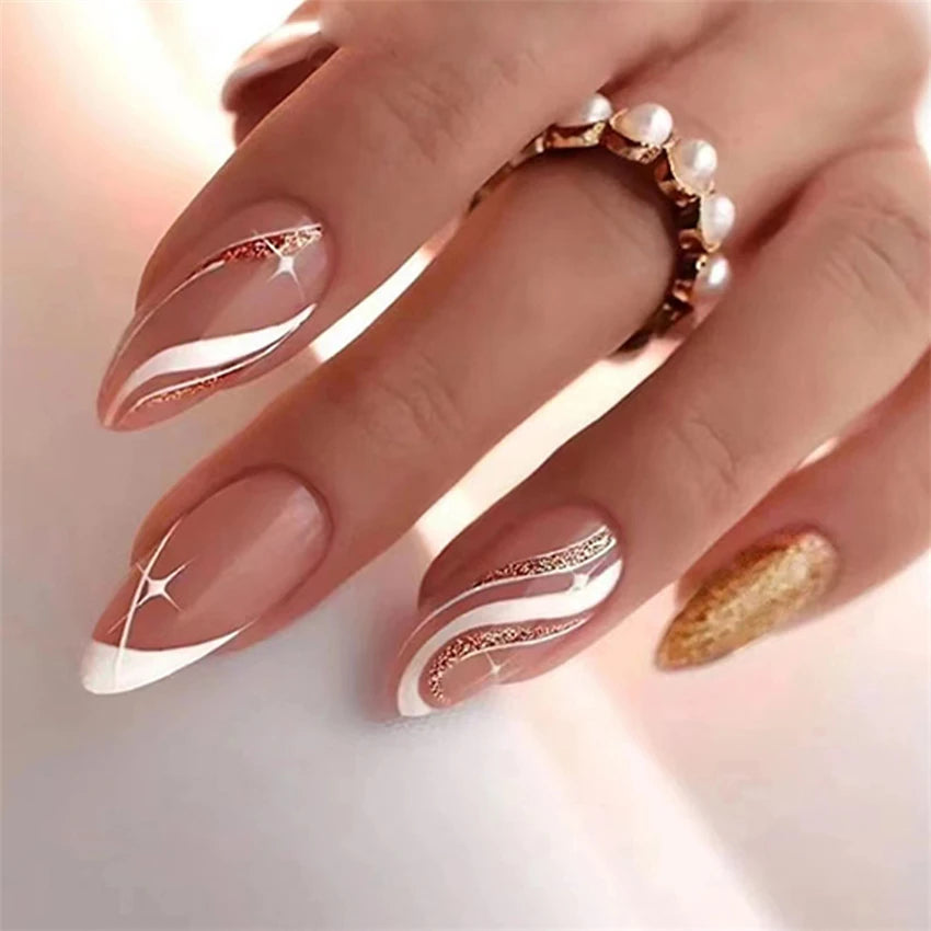 24P/Set Medium-length Almond Press on Nails Wearable False Nails Simple Green Leaves Dark Green Temperament Sweet Cool Nails Art