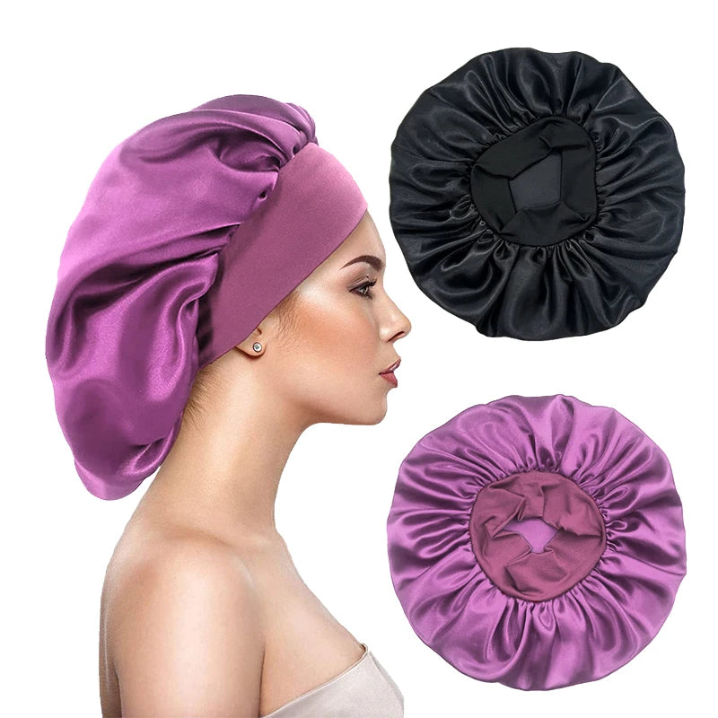 2PCS/LOT Women's Satin Solid Bonnets Head Cover Elastic Band Cap Wide-brimmed Night Sleeping Bathing Hat Hair Care Bonnet
