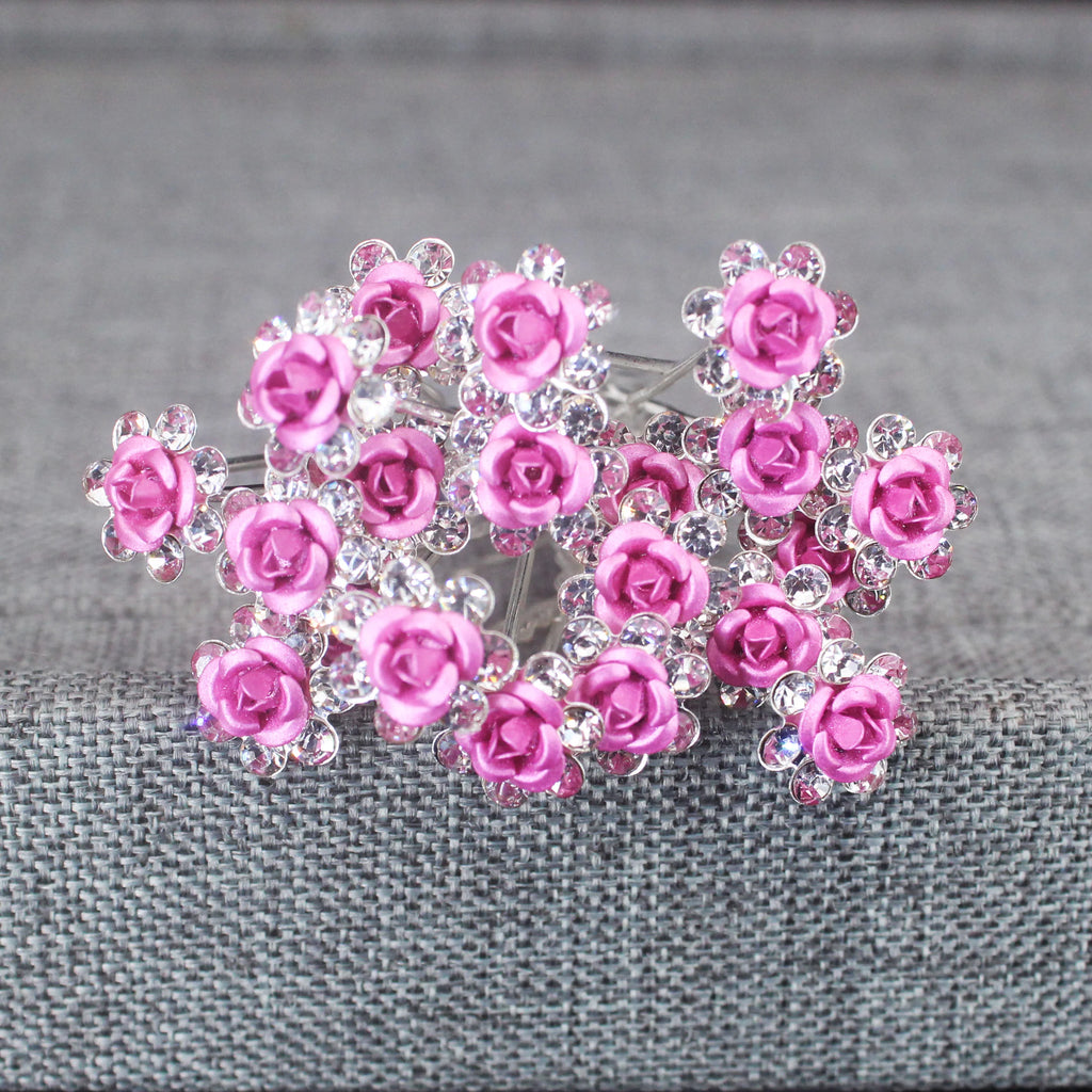20PCS Rose Flower Rhinestone Hairpins Crystal Hair Clip Pins for Bridal Wedding Party Daily Wear Women Hair Accessories