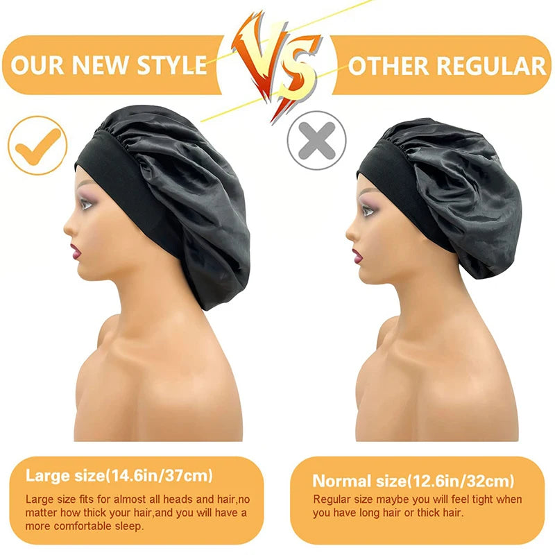 2PCS/LOT Women's Satin Solid Bonnets Head Cover Elastic Band Cap Wide-brimmed Night Sleeping Bathing Hat Hair Care Bonnet