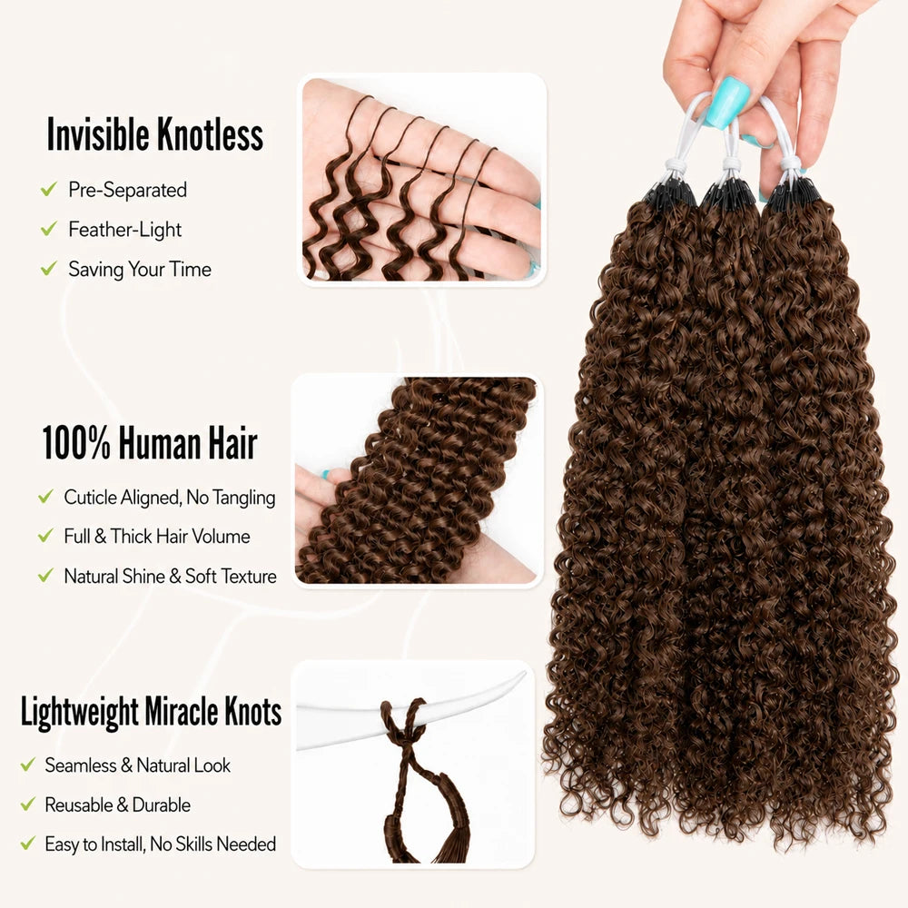 12A Premium #4 Brown Kinky Curly Crochet Human Hair Extensions Miracle Knots Knotless Pre Separated Feather Crochet Hair Soft Natural Curl Texture Easy Install Reusable Human Braiding Hair For Protective Styles For Women