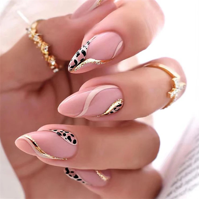 24P/Set Medium-length Almond Press on Nails Wearable False Nails Simple Green Leaves Dark Green Temperament Sweet Cool Nails Art