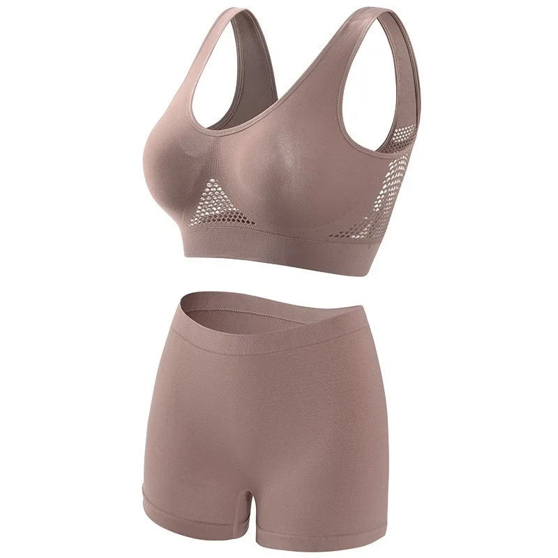 Women's Mesh Breathable Wireless Sports Bra Set Push Up Yoga Bra High Waist Shorts Seamless Workout Lingerie for Gym Running