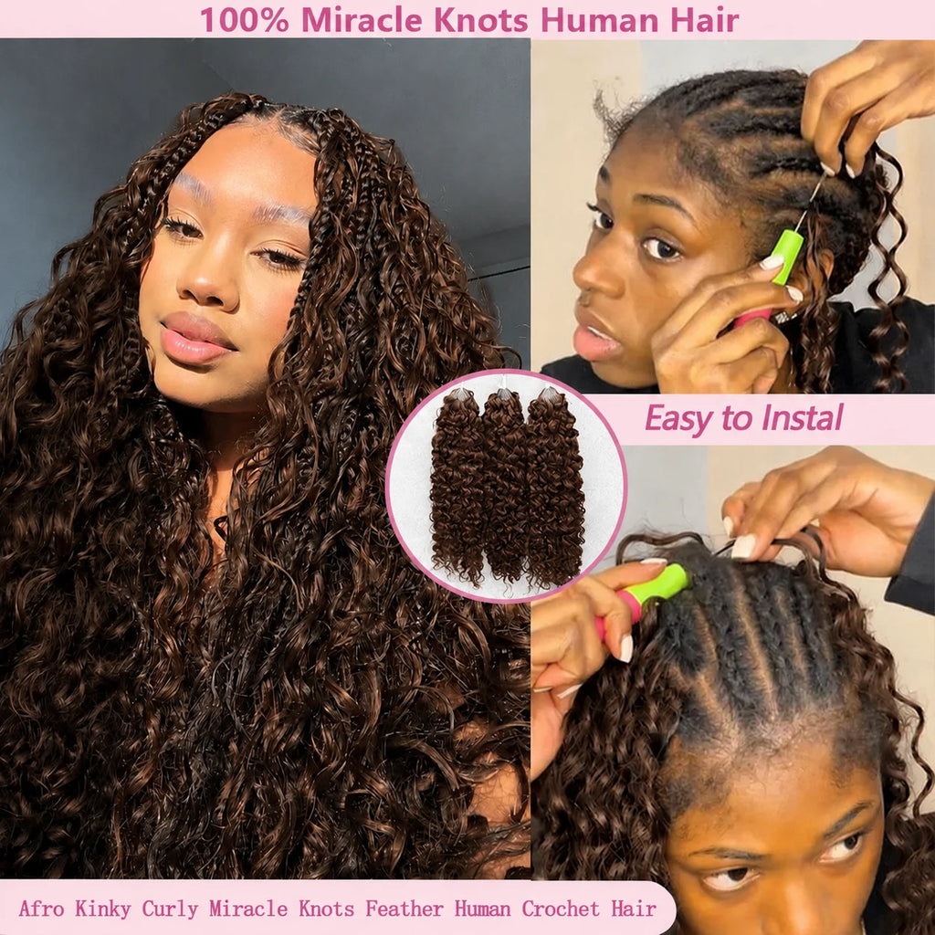 12A Premium #4 Brown Kinky Curly Crochet Human Hair Extensions Miracle Knots Knotless Pre Separated Feather Crochet Hair Soft Natural Curl Texture Easy Install Reusable Human Braiding Hair For Protective Styles For Women