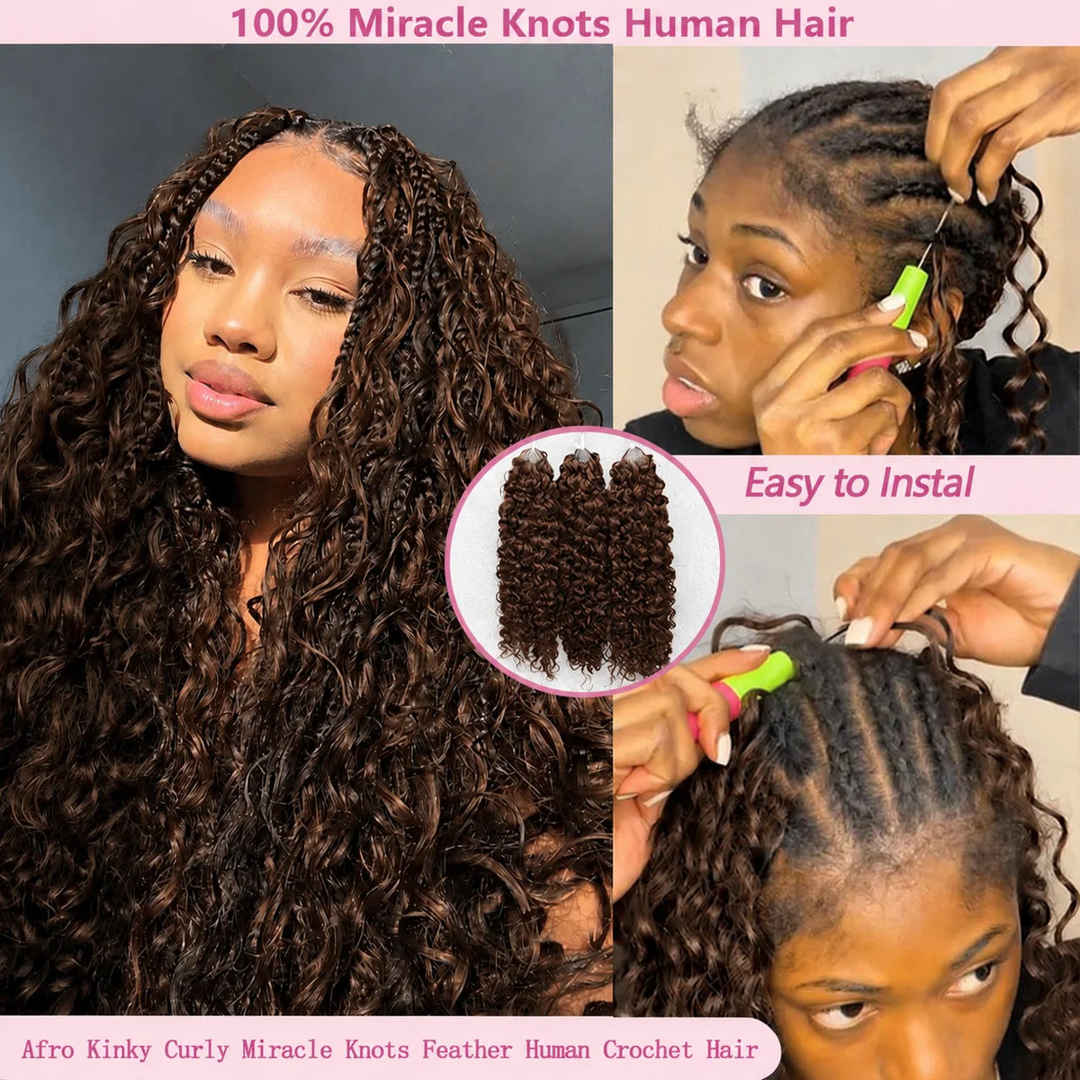 12A Premium #4 Brown Kinky Curly Crochet Human Hair Extensions Miracle Knots Knotless Pre Separated Feather Crochet Hair Soft Natural Curl Texture Easy Install Reusable Human Braiding Hair For Protective Styles For Women