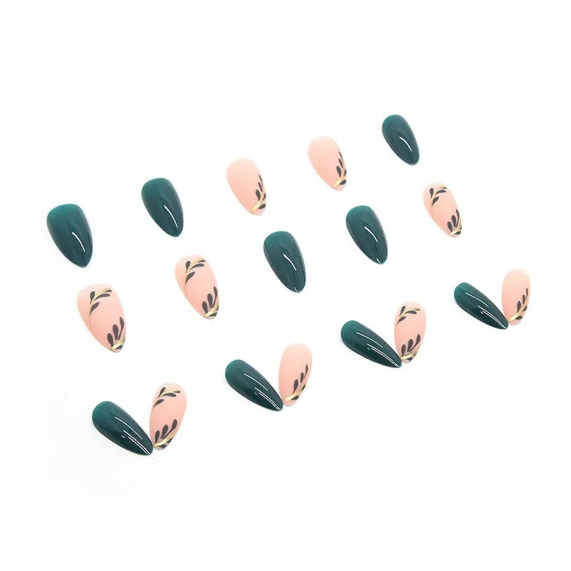 24P/Set Medium-length Almond Press on Nails Wearable False Nails Simple Green Leaves Dark Green Temperament Sweet Cool Nails Art