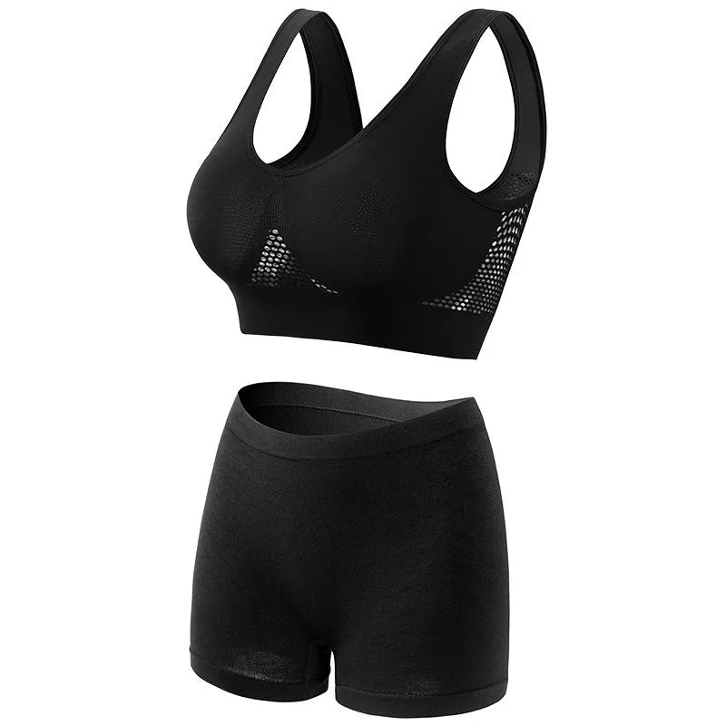 Women's Mesh Breathable Wireless Sports Bra Set Push Up Yoga Bra High Waist Shorts Seamless Workout Lingerie for Gym Running
